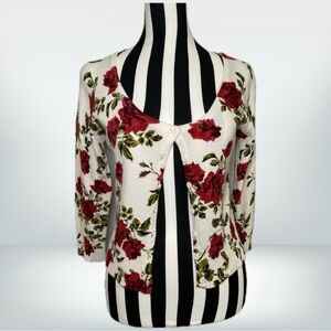Cream & Red Rose Cropped Cardigan